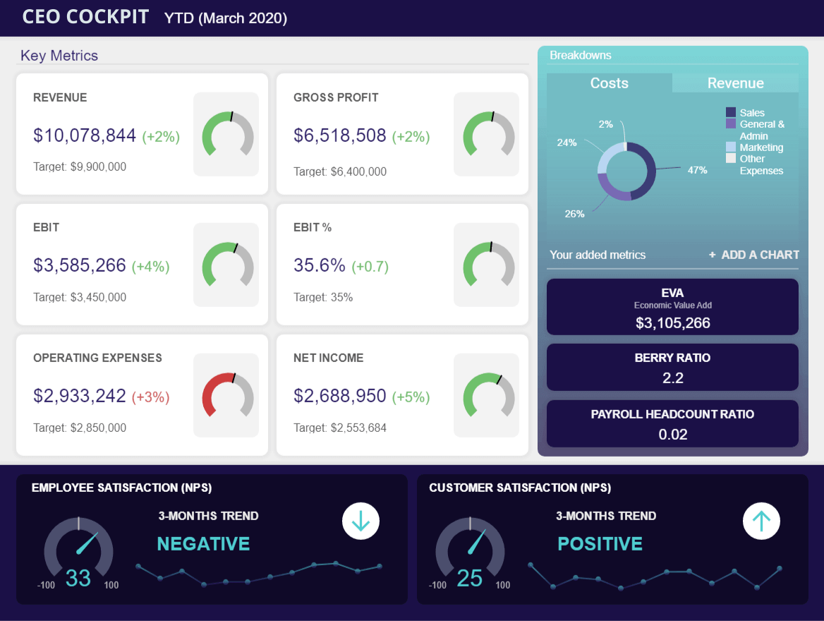 CEO dashboard showing high-level metrics focused on financial performance. In this picture, we can see the revenue, gross profit, EBIT, operating expenses, etc.