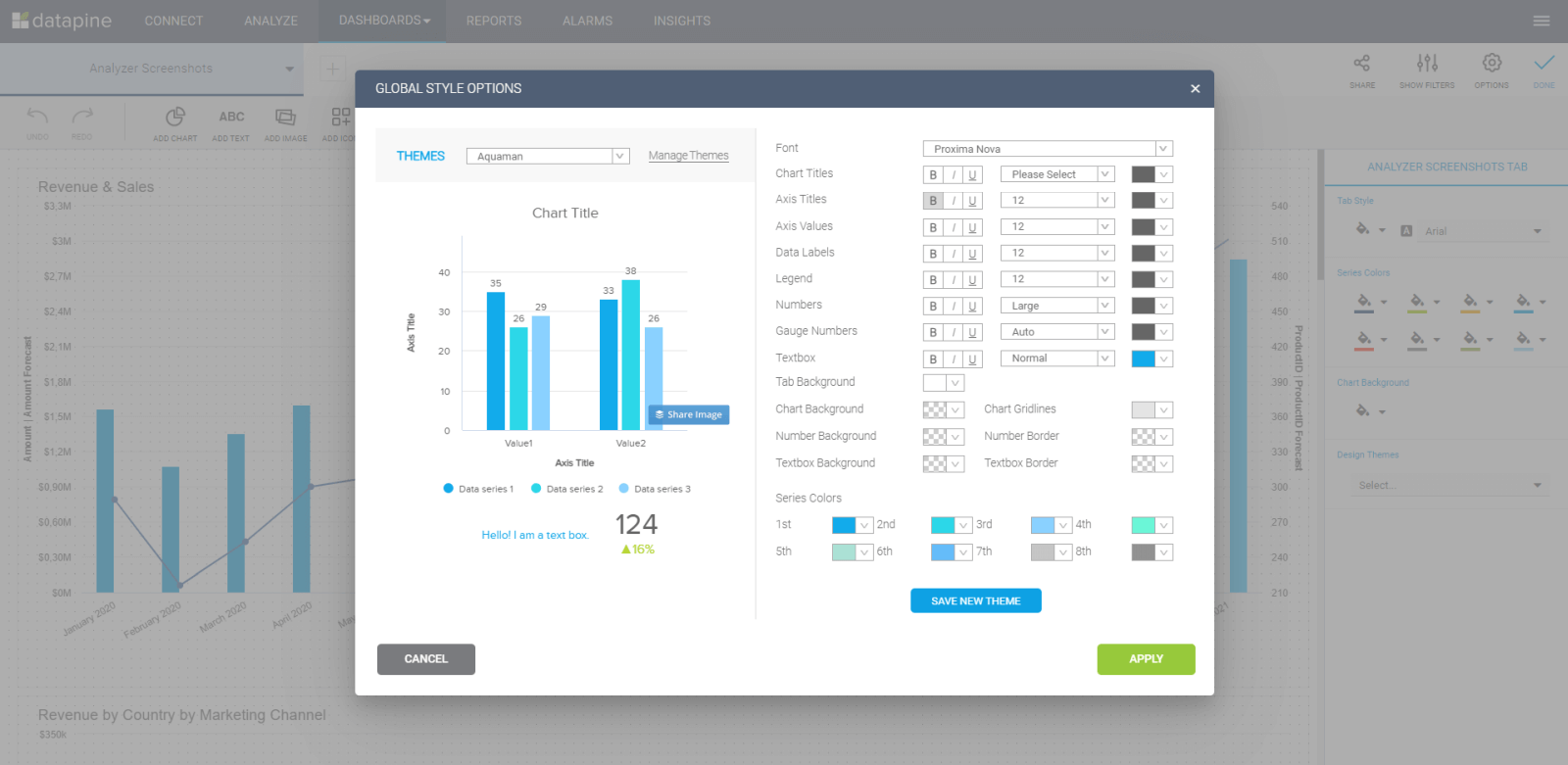 datapine's dashboard creator let's you customize your charts and dashboards according to the color, logo, and font of your business 