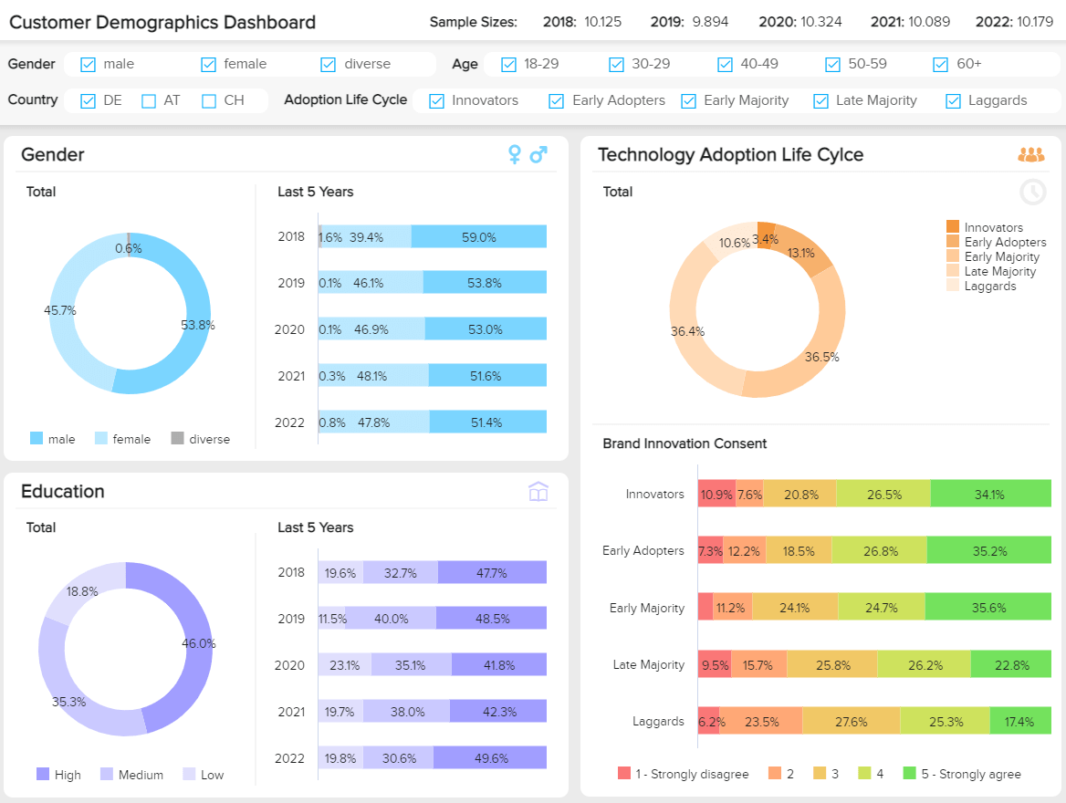 Customer demographics dashboard as an example of a KPI report for market research