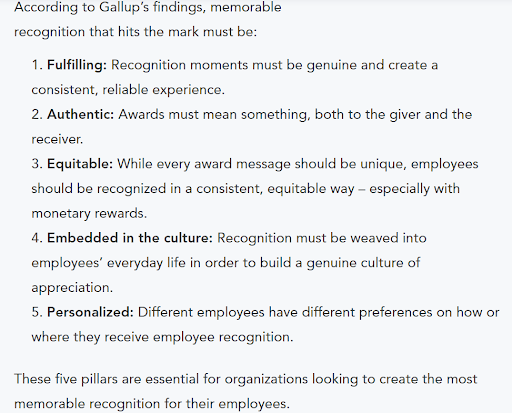 Gallup's five pillars for effective recognition program 