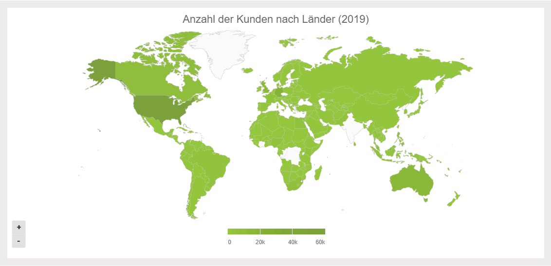 Karte (Map) zeigt Anzahl der Kunden nach Ländern