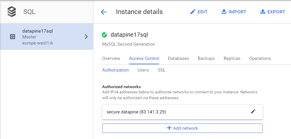 how to add a network in google cloud SQL