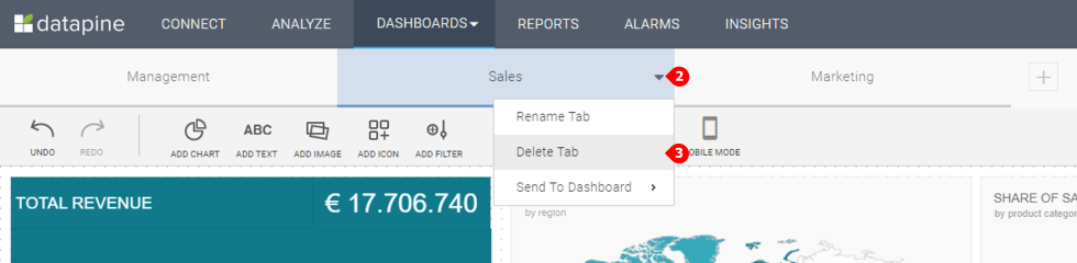 how to delete a dashboard tab in datapine
